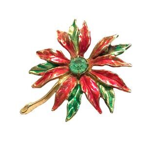 Vintage Christmas Brooch goldtone pin festive red poinsettia & green rhinestone